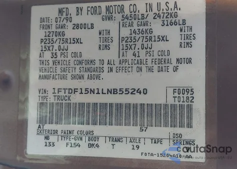 1990 Ford F150 из США, поврежденный, VIN 1FTDF15N1LNB55240